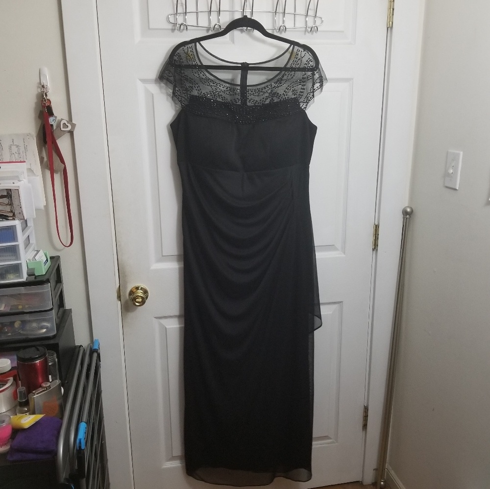 Black gown with beaded illusion neckline, size 16W